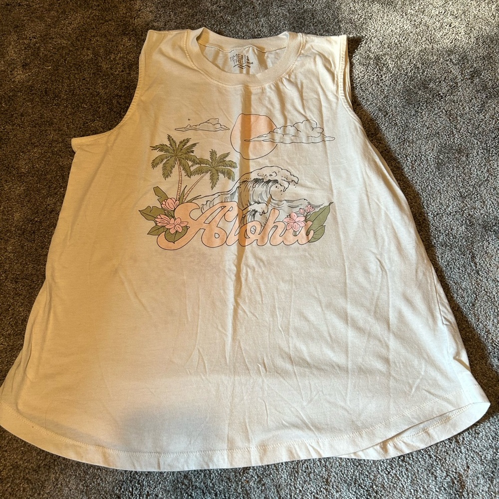 Time and Tru Aloha Graphic Muscle Tee - Cream